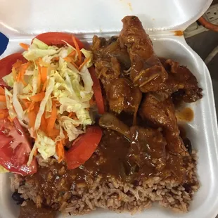 Brown stew chicken/rice&amp;peas/salad