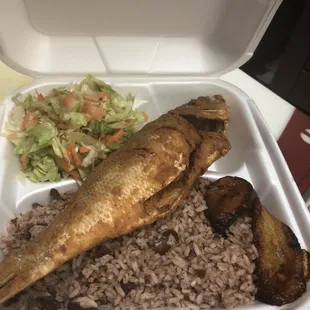 Fried whole snapper fish/rice&amp;peas/salad