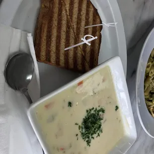Cream of vegetable soup with grilled cheese Sanwhich