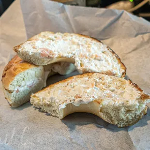 fresh toasted bagel with lox spread. good amount and yum!