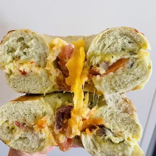 Cross-section of Veggie Omelet on a spinach parmesan bagel!!