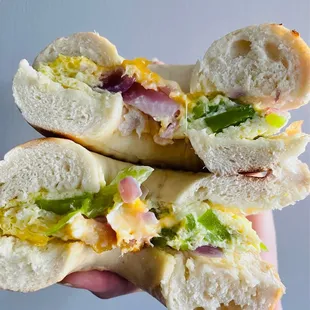 Cross-section of New York Omelet on an onion bagel!