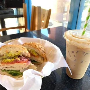 a sandwich and iced coffee