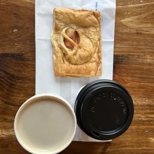 Peaches and Cream Cheese Tart, latte with almond milk, Honey Lavender Latte with almond milk