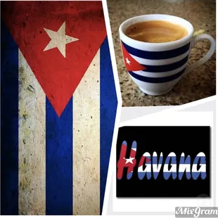 a cup of coffee and a cuban flag