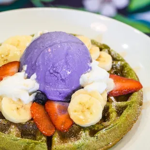 Matcha Waffle with Ube Ice Cream