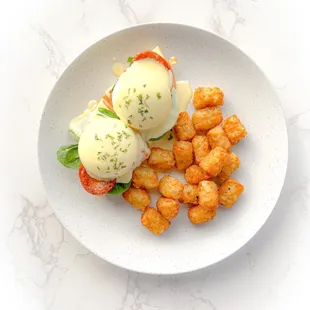 Portuguese Sausage Mochi Waffle Eggs Benedict