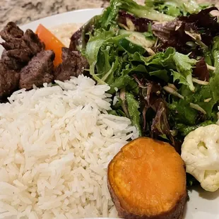 Pasture Raised Beef Shawarma Plate - pasture raised petite sirloin marinated in house sauces. Organic hummus &amp; basmati rice.