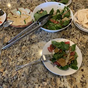 Hummus, grape leaves fattoush