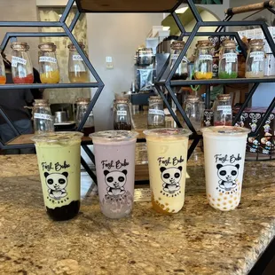 Left to right: Avocado Smoothie, taro smoothie, mango colada, lychee smoothie