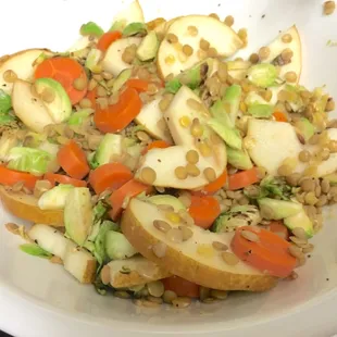 roasted mahi mahi over fall lentils (tender french lentils cooked with bay and lemon with charred brussels sprouts and sweet pear)