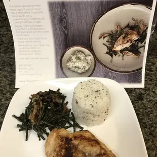 Charred long beans with chia rice and five spice chicken