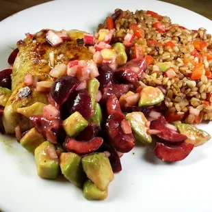 Chicken with cherry salsa and dirty rice