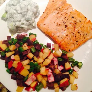 Salmon with dill cucumber and veggie salad