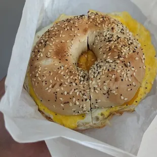 Egg and cheese on everything bagel