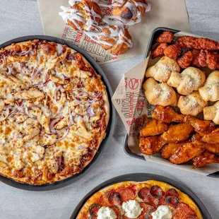 pizza, chicken wings, and pretzels