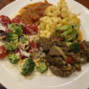 Serrano Beans, Macaroni and Cheese, Broccoli Salad, Mongolian Beef