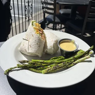 Hawaiian wrap with asparagus as the side