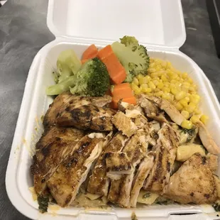 Grilled chicken plate over pasta 2 vegetables and a drink $8.69