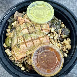 Build Your Own Bowl (Salmon, Brussel Sprouts, Corn, Mushrooms, Brown Rice)