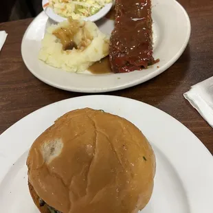 Meatloaf with two sides, coleslaw, and mashed potatoes with gravy. Ultimate cheeseburger, side salad(already gone) instead of fries