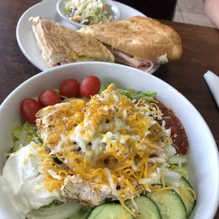 Cuban sandwich (usually comes with fries ),chicken taco salad (in a bowl instead of shell )