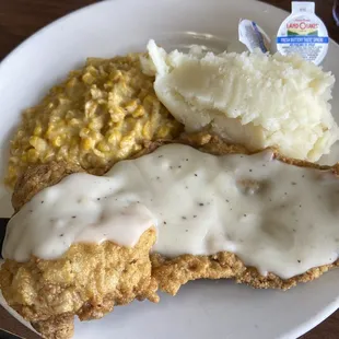Country fried steak with corn casserole and mashed potatoes