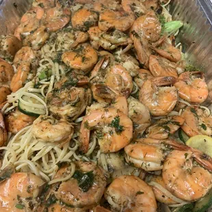Grilled Shrimp Scampi w linguini pasta and garlic butter lemon sauce