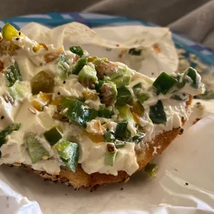 Everything with Jalapeño cream cheese  (SPICY!!!) didn't know they would stuff jalapeños on plain cheese ‍