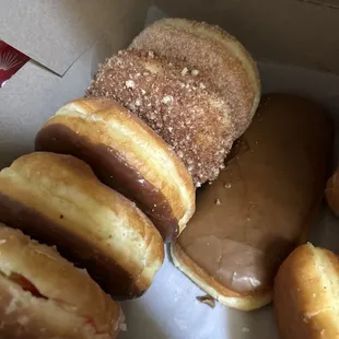 We bought glazed, maple, sugar, chocolate, raspberry and lemon jelly donuts. Something for everyone. Lots more to choose from.
