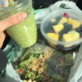 The A Team smoothie, Kale Noodle salad, and fruit cup