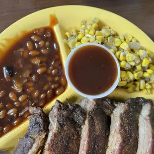 Sides are mid.  Beans are like candy. Fancy corn special is chow chow in corn, which was tasty I&apos;ll say.