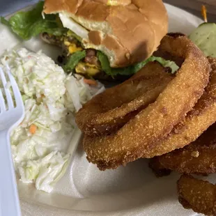 Bacon cheese burger, slaw, and onion rings