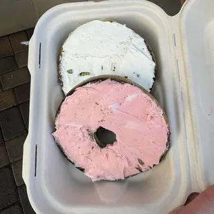 half strawberry and half original on a pandan bagel