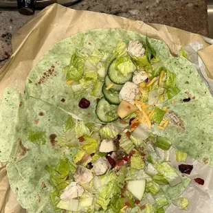 7 tiny chunks of chicken and thrown together.