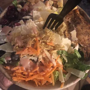 Kale Jerk Salmon Caesar with carrots, cranberries, tortilla chips, etc, and the Elderberry Vinaigrette. Extremely tasty!!