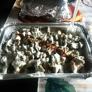 the meat over fries is a good size and can be a meal in itself. the 17. Gyro Wrap size can be seen behind it.