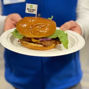 a person holding a plate with a hamburger on it