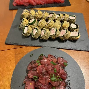 Limu poke, tempura ahi roll, sashimi