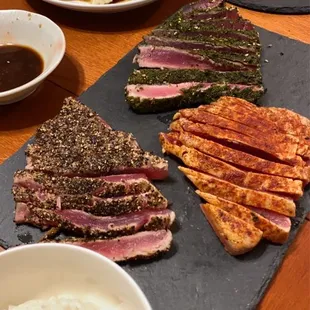 Seared ahi three ways &amp; shoyu poke
