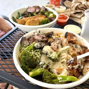 two bowls of food on a table