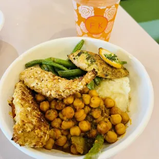 Almond crusted chicken , cauliflower mash, salmon, green beans and chickpeas.