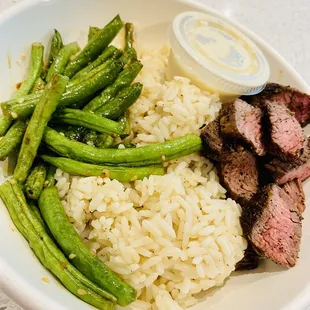 Coconut ginger rice, sesame green beans, steak, white ginger sauce