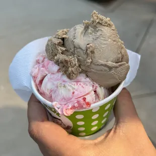 Scoop of NY strawberry cheesecake and salted caramel fudge