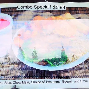 great deal $5.99 lunch special: rice, chow mein, 2 items of meat, 1 egg roll &amp; 1 can soda of your choice