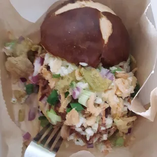 So this is the Jackfruit pulled pork sandwich coleslaw on top was delicious. The sandwich was filling and satisfying.