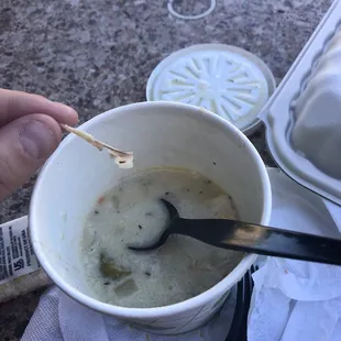 Stopped in for my lunch break today. Almost choked on this bone in the Chicken and Wild Rice soup. Didn't have much of an appetite after.