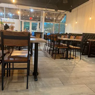 tables and chairs in a restaurant