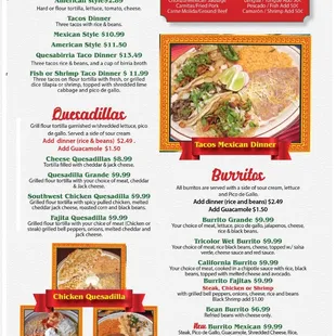 Tacos, Quesadillas, Burritos and meat choices