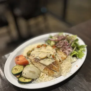 Barramundi Plate: Grilled Asian seabass topped w/pico de gallo, Mojo sauce &amp; Veracruzano, w/basmati rice, grilled veggies &amp; salad | $19.95